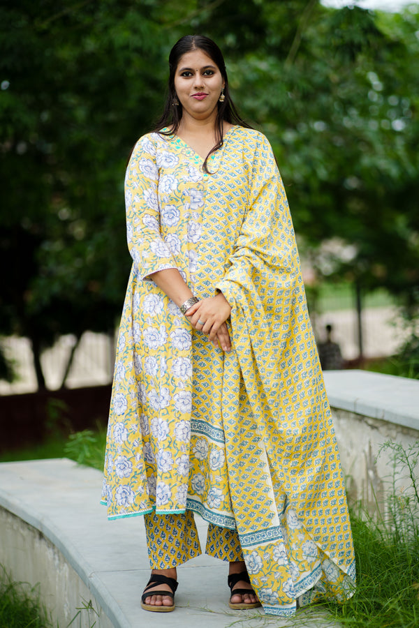 Yellow Handwork Block Print Anarkali Set – Alternate Kali Design