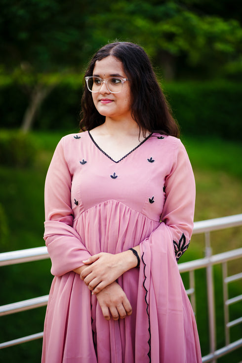 Peach Georgette Nayara Cut Anarkali Set with Black Embroidery