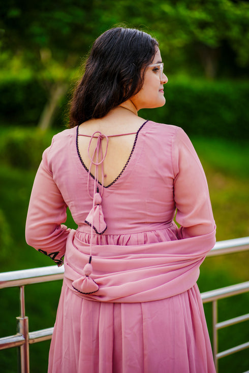 Peach Georgette Nayara Cut Anarkali Set with Black Embroidery