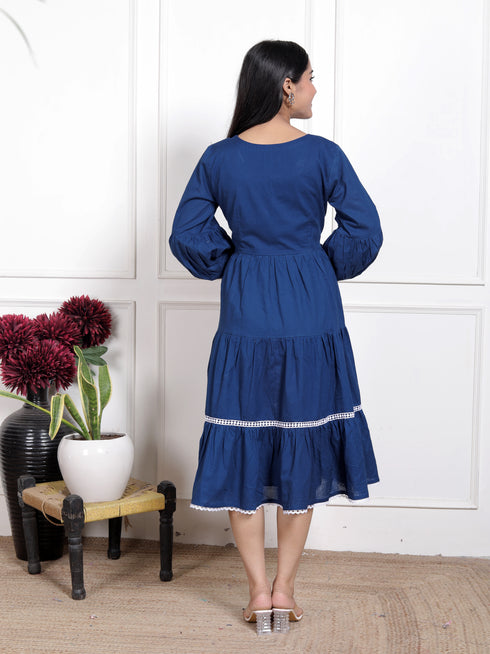 Royal Blue Solid Flared Dress with White Lace Detailing