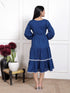 Royal Blue Solid Flared Dress with White Lace Detailing
