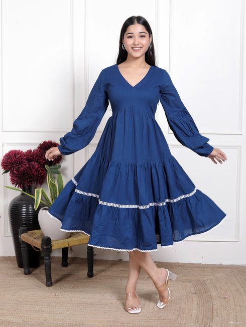 Royal Blue Solid Flared Dress with White Lace Detailing