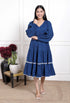 Royal Blue Solid Flared Dress with White Lace Detailing