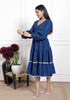 Royal Blue Solid Flared Dress with White Lace Detailing