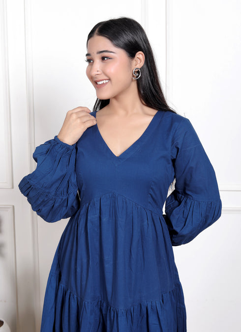 Royal Blue Solid Flared Dress with White Lace Detailing