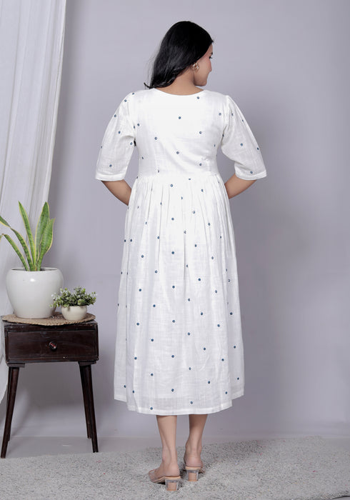 White Embroidered Mirror Work Cotton Dress – Elegant Everyday Ethnic