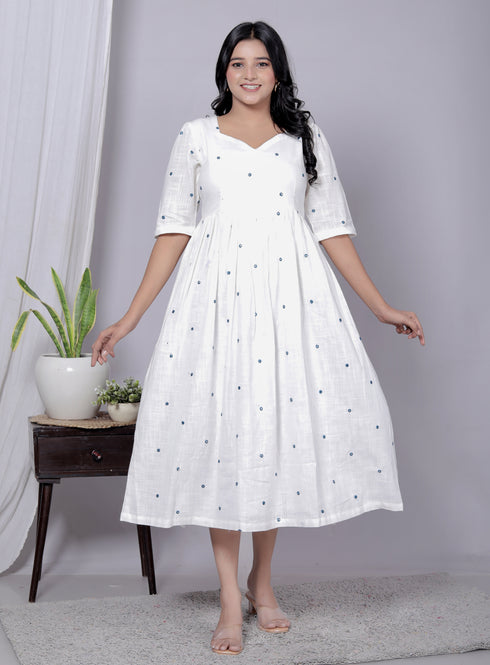 White Embroidered Mirror Work Cotton Dress – Elegant Everyday Ethnic