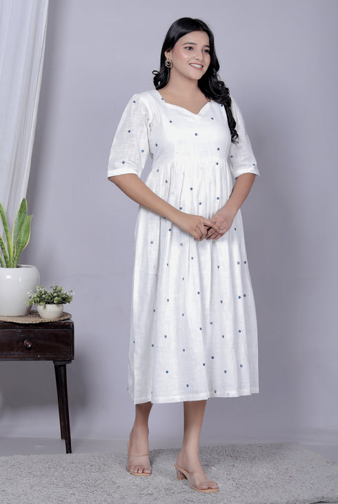 White Embroidered Mirror Work Cotton Dress – Elegant Everyday Ethnic