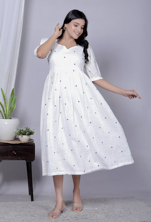 White Embroidered Mirror Work Cotton Dress – Elegant Everyday Ethnic