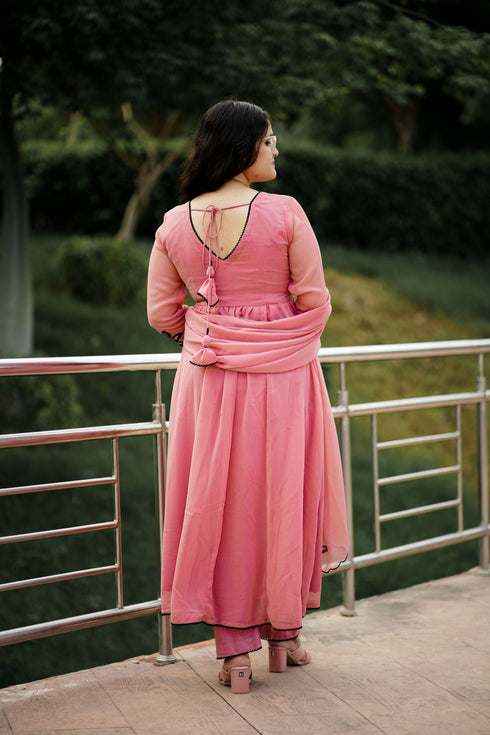Peach Georgette Nayara Cut Anarkali Set with Black Embroidery