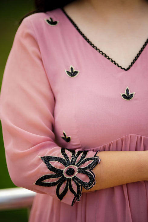 Peach Georgette Nayara Cut Anarkali Set with Black Embroidery