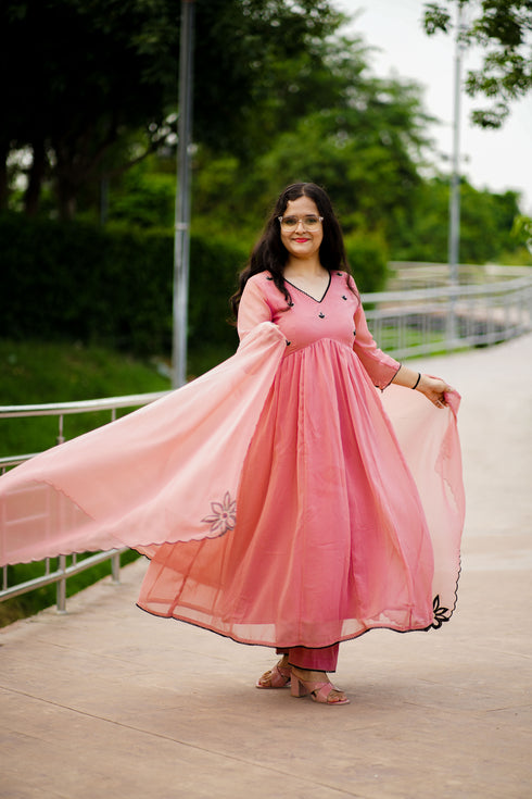 Peach Georgette Nayara Cut Anarkali Set with Black Embroidery
