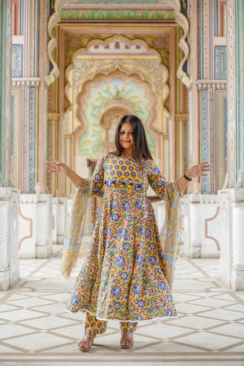 Yellow Angrakha Style Block Print Anarkali