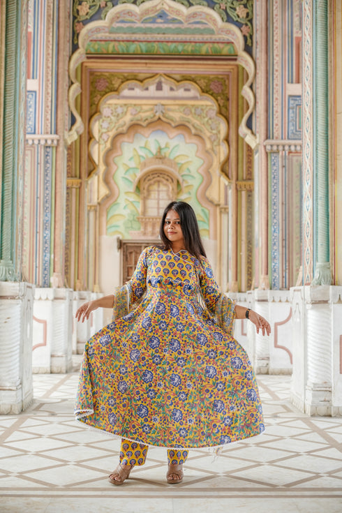 Yellow Angrakha Style Block Print Anarkali