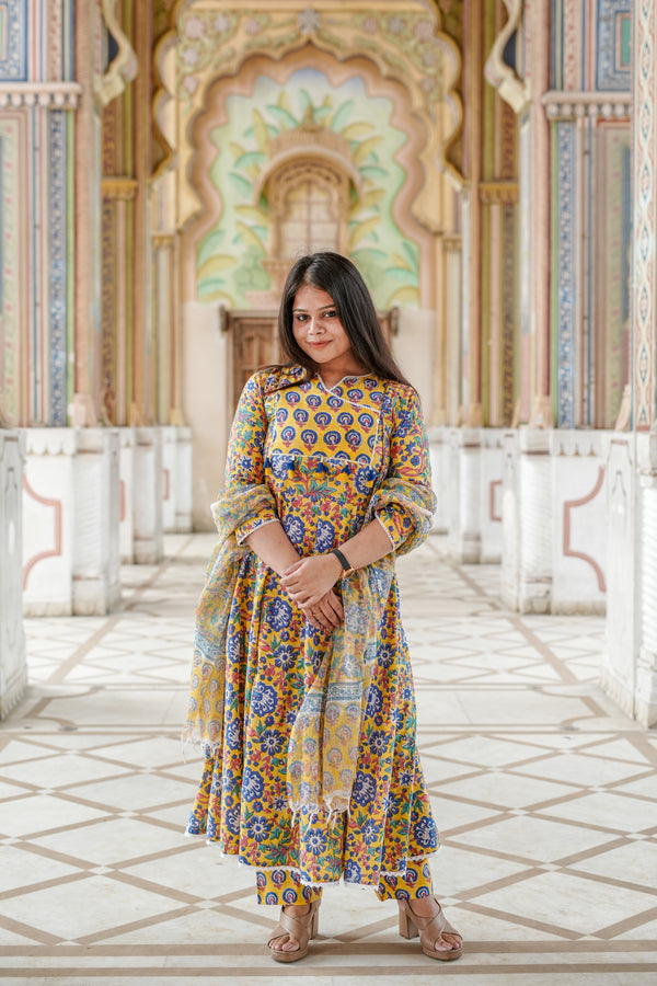 Yellow Angrakha Style Block Print Anarkali