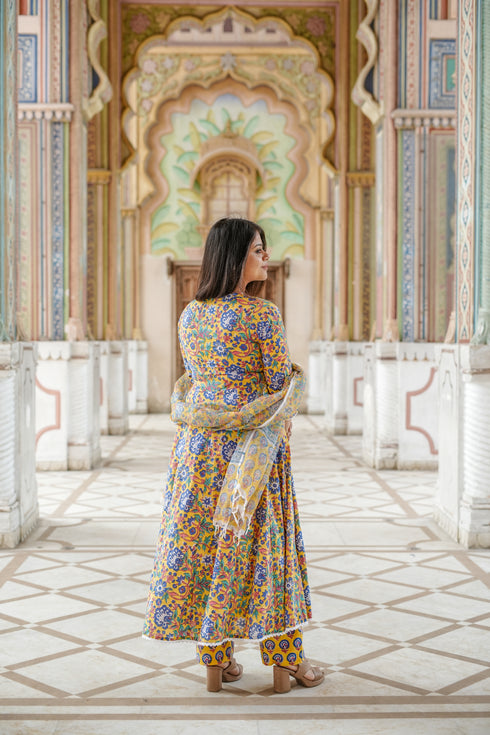 Yellow Angrakha Style Block Print Anarkali