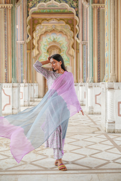 Grey Hand Block Print Straight Suit Set