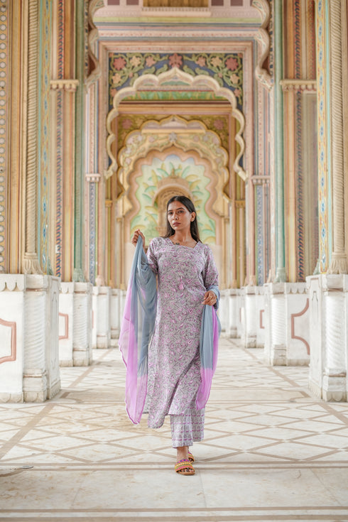 Grey Hand Block Print Straight Suit Set