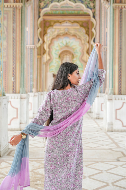 Grey Hand Block Print Straight Suit Set