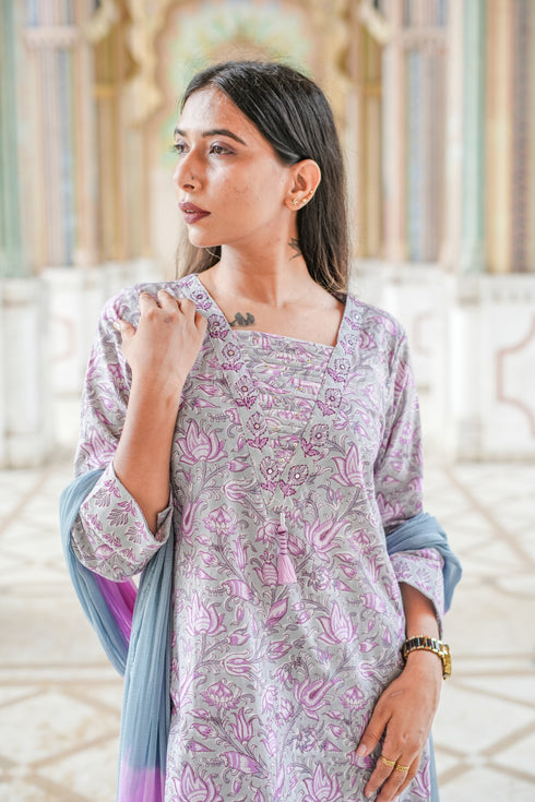 Grey Hand Block Print Straight Suit Set