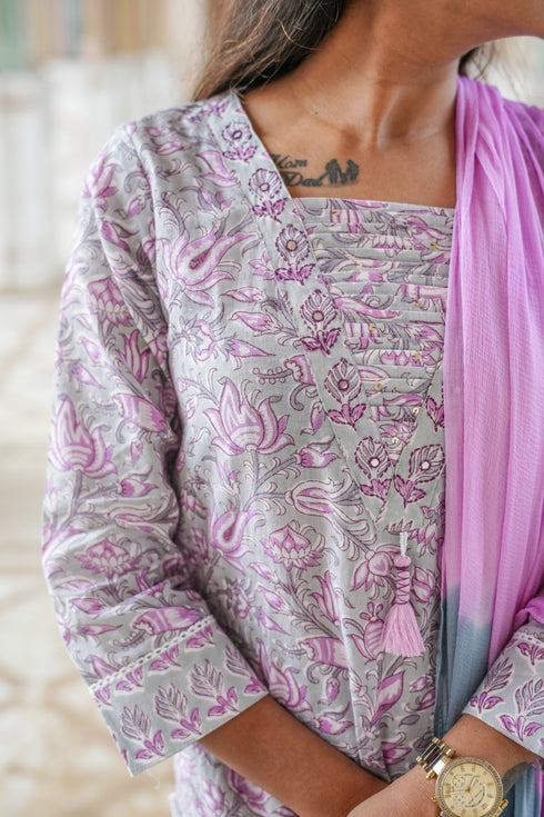 Grey Hand Block Print Straight Suit Set