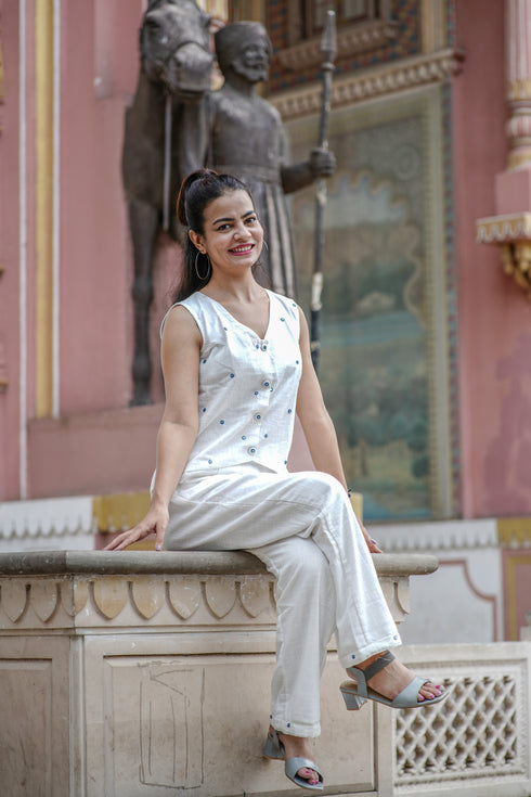 White Embroidered Cropped Waistcoat with Straight Pants Set