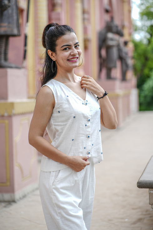 White Embroidered Cropped Waistcoat with Straight Pants Set