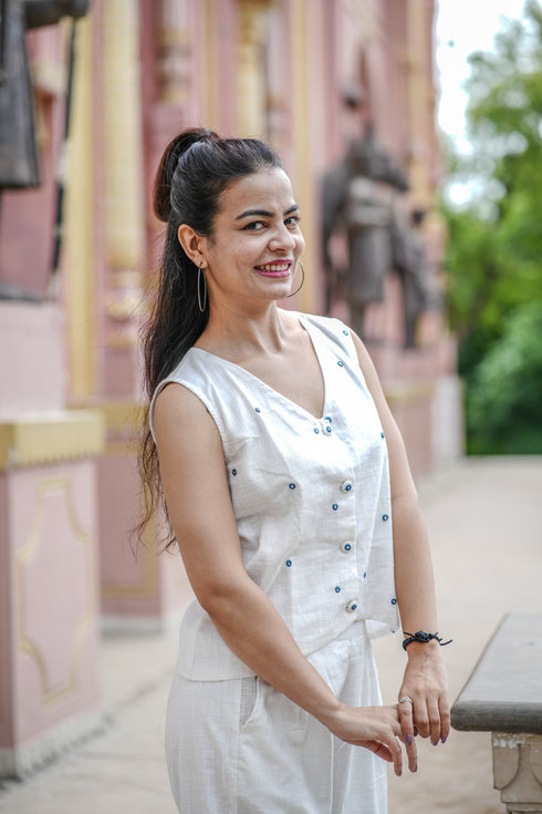 White Embroidered Cropped Waistcoat with Straight Pants Set