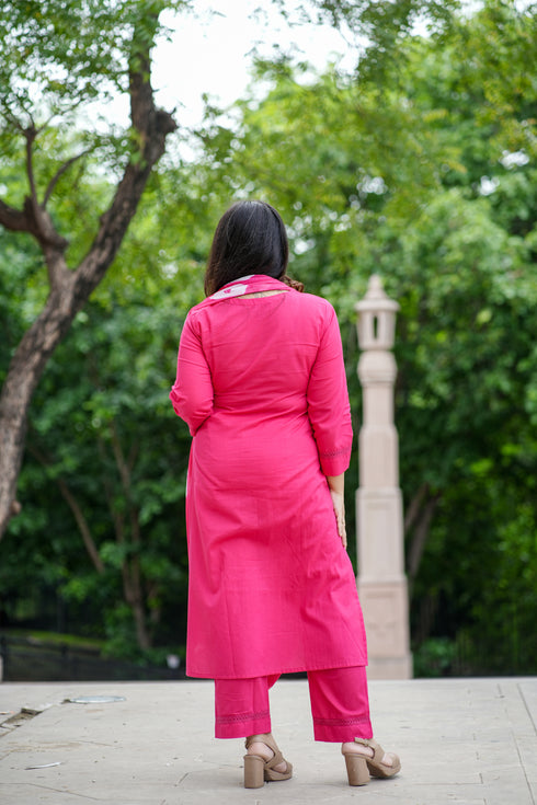 Elegant Solid Straight Pink Suit Set with Tassel Detail