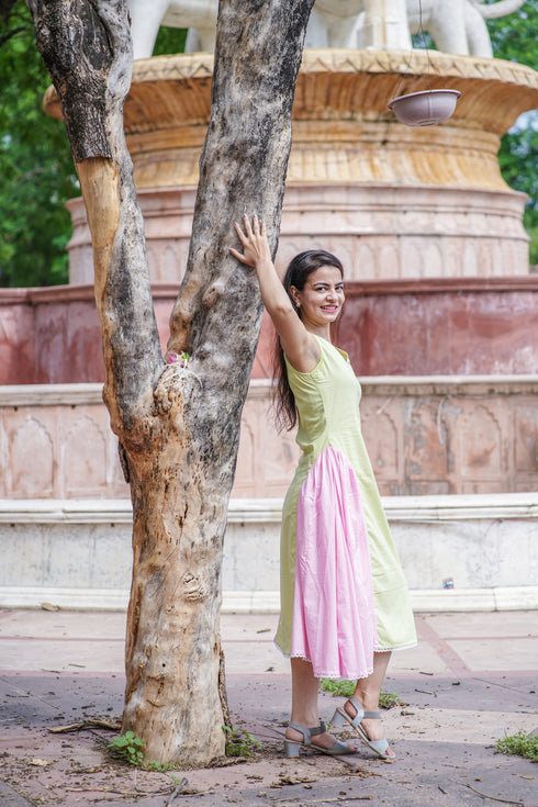 Green & Pink Bell Gown with Full Gathered Skirt