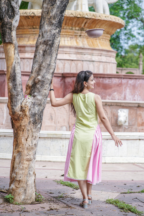 Green & Pink Bell Gown with Full Gathered Skirt