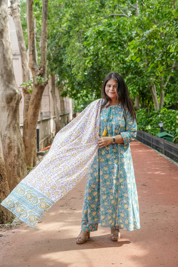Turquoise Handwork A-Line Kurta Suit Set in Floral Block Print