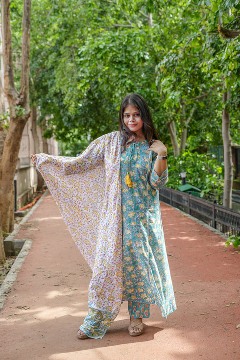 Turquoise Handwork A-Line Kurta Suit Set in Floral Block Print