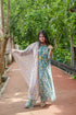 Turquoise Handwork A-Line Kurta Suit Set in Floral Block Print