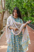 Turquoise Handwork A-Line Kurta Suit Set in Floral Block Print