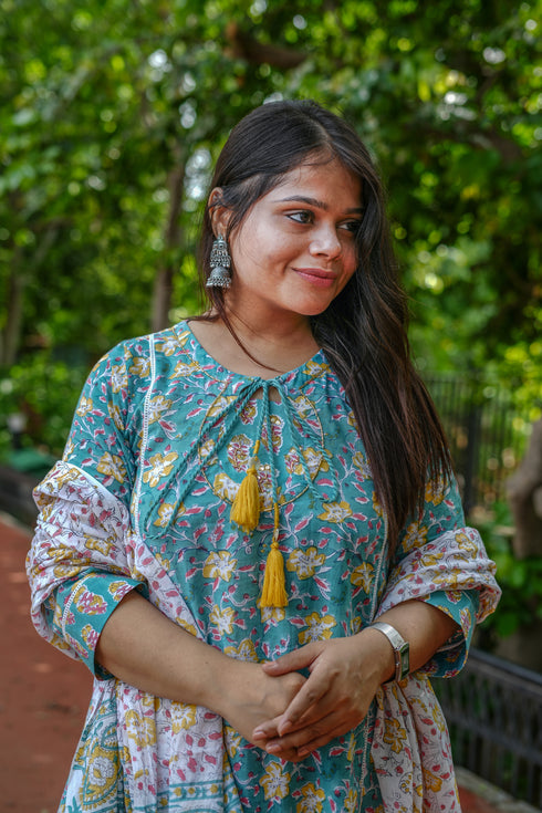 Turquoise Handwork A-Line Kurta Suit Set in Floral Block Print