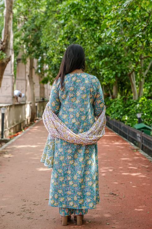 Turquoise Handwork A-Line Kurta Suit Set in Floral Block Print