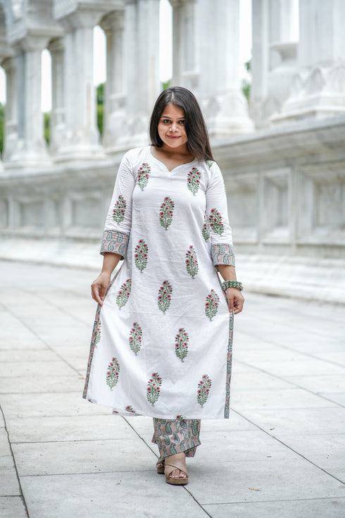 White Straight Kurti with Floral Block Print