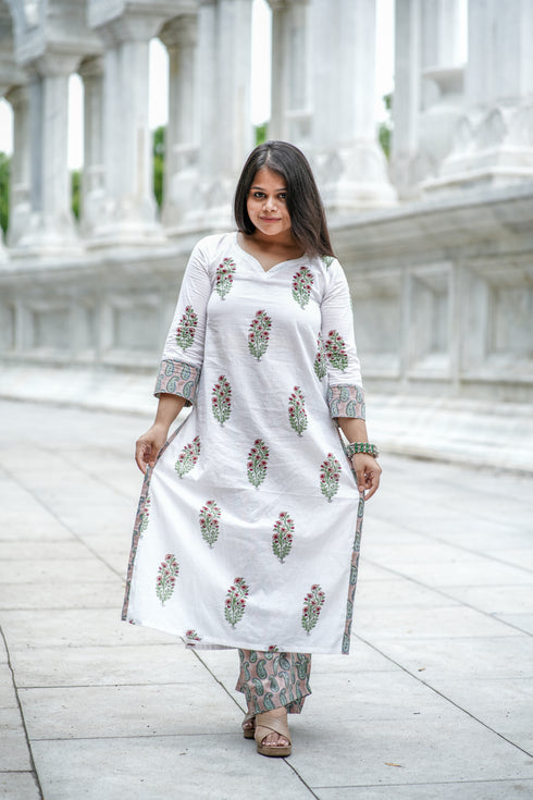 White Straight Kurti with Floral Block Print