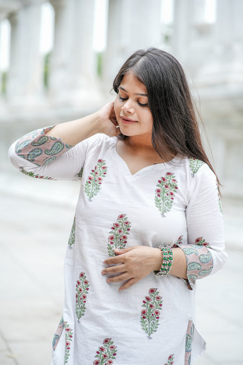 White Straight Kurti with Floral Block Print