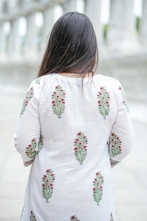 White Straight Kurti with Floral Block Print