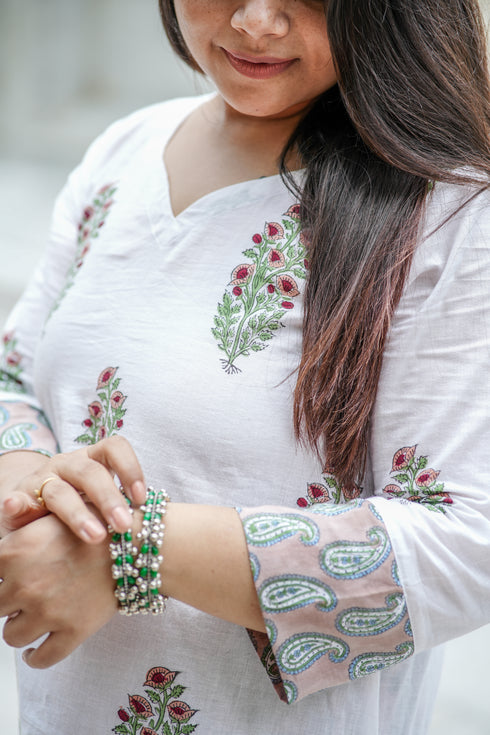 White Straight Kurti with Floral Block Print