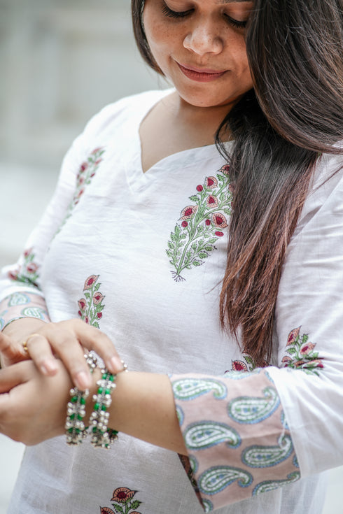 White Straight Kurti with Floral Block Print