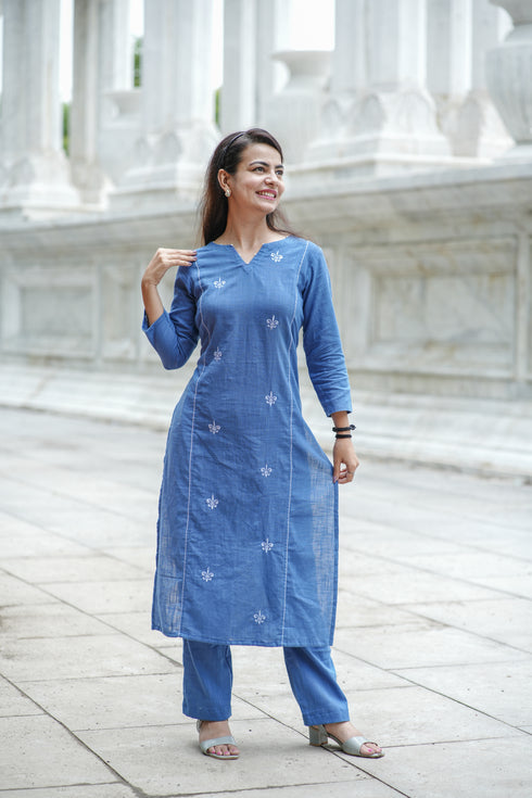 Blue Embroidered Straight Kurta Set