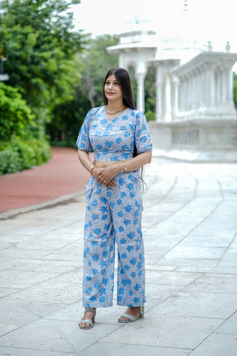 Blue Hand Block Print Tie Crop Top with Straight Pant Set