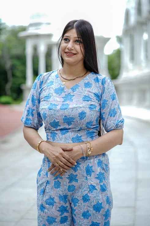 Blue Hand Block Print Tie Crop Top with Straight Pant Set