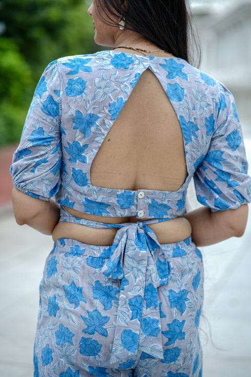 Blue Hand Block Print Tie Crop Top with Straight Pant Set