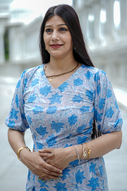 Blue Hand Block Print Tie Crop Top with Straight Pant Set