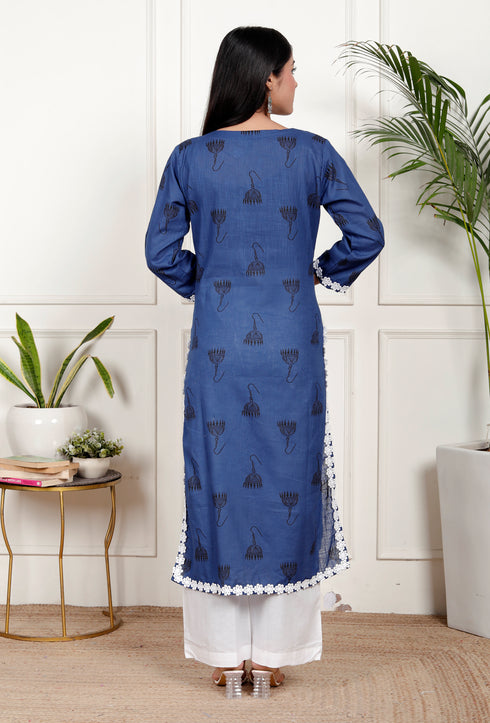 Blue Cotton Kurta with Lace