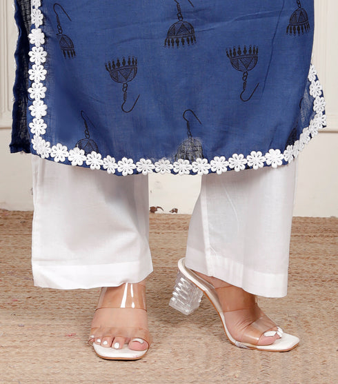 Blue Cotton Kurta with Lace
